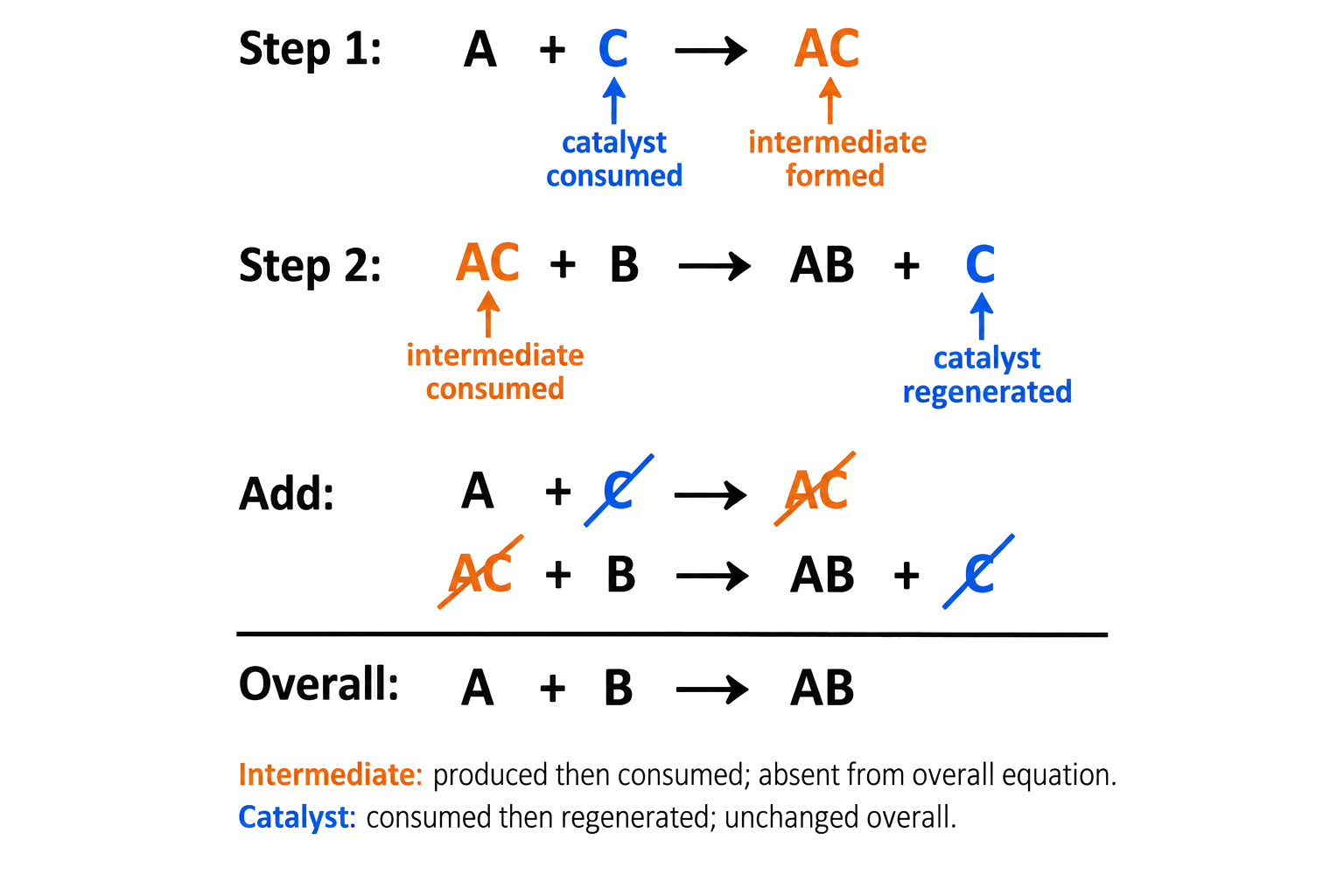AC is produced in step 1 and consumed in step 2, so it is an intermediate; C is consumed in step 1 and regenerated in step 2, so it is a catalyst; AC and C cancel when elementary steps are added; overall equation is A + B to AB.