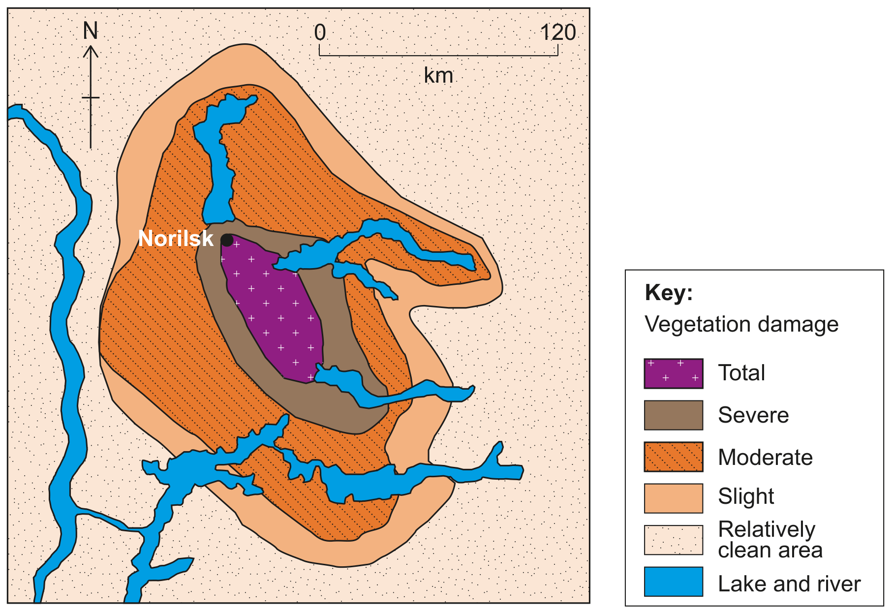Figure 6(c): Vegetation damage associated with smelting factories in Norilsk