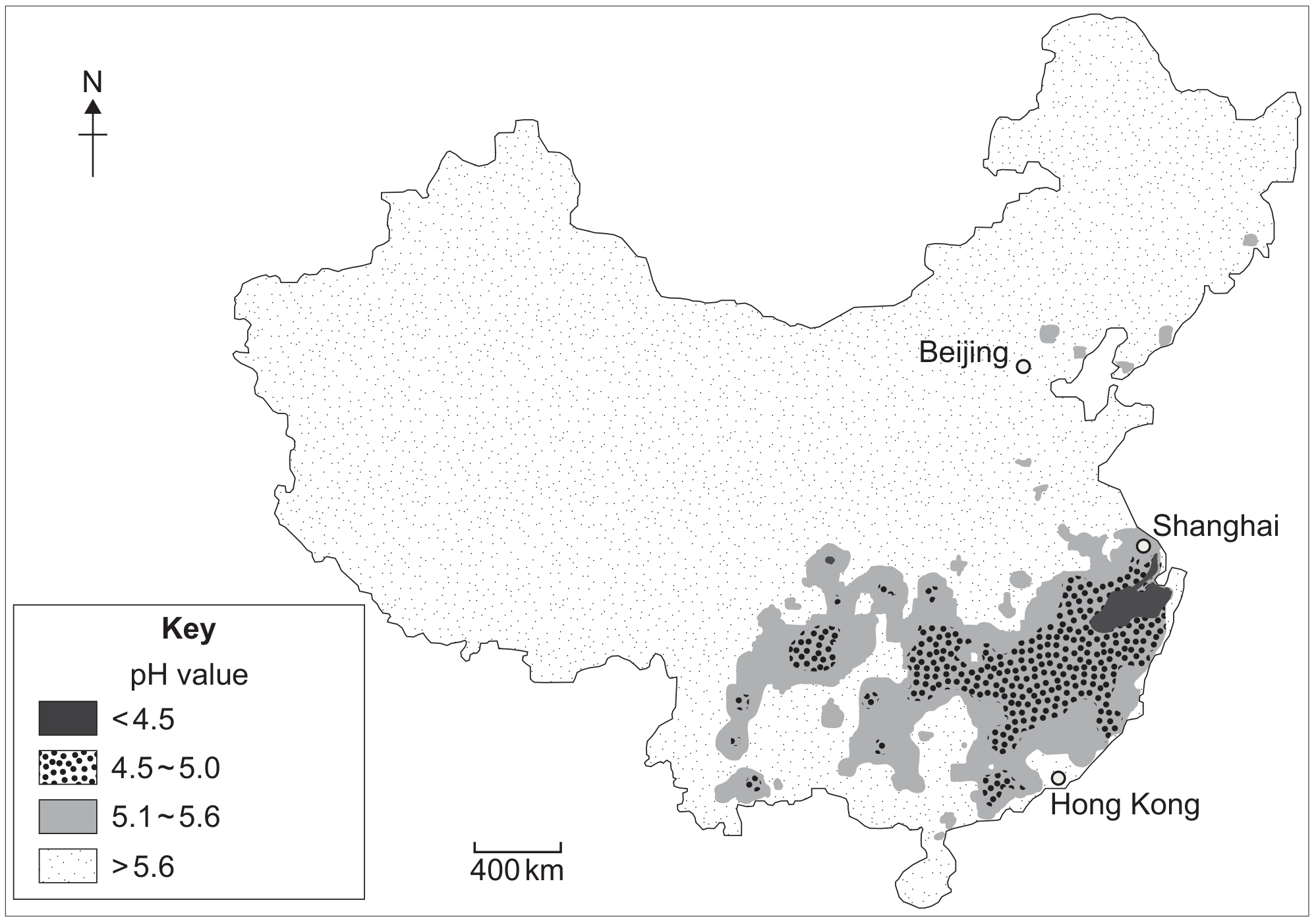 Figure 5: The average pH value of precipitation (acid deposition) for China in 2009.