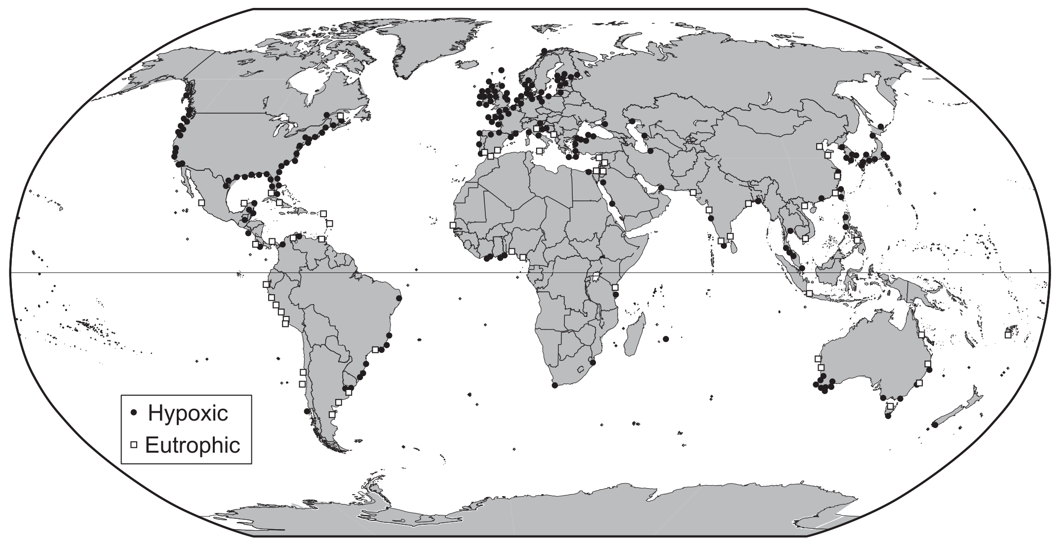 Figure 7: World map showing eutrophic and hypoxic coastal areas