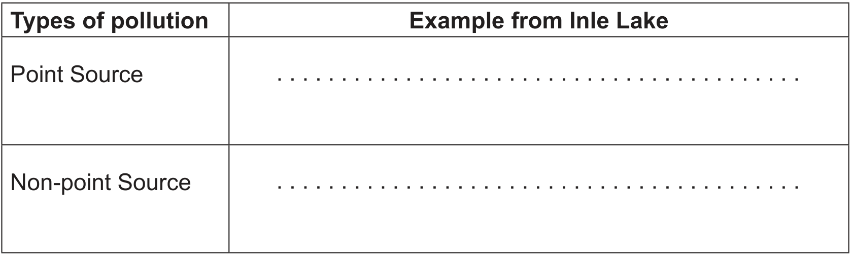 Table for point source and non-point source pollution examples from Inle Lake