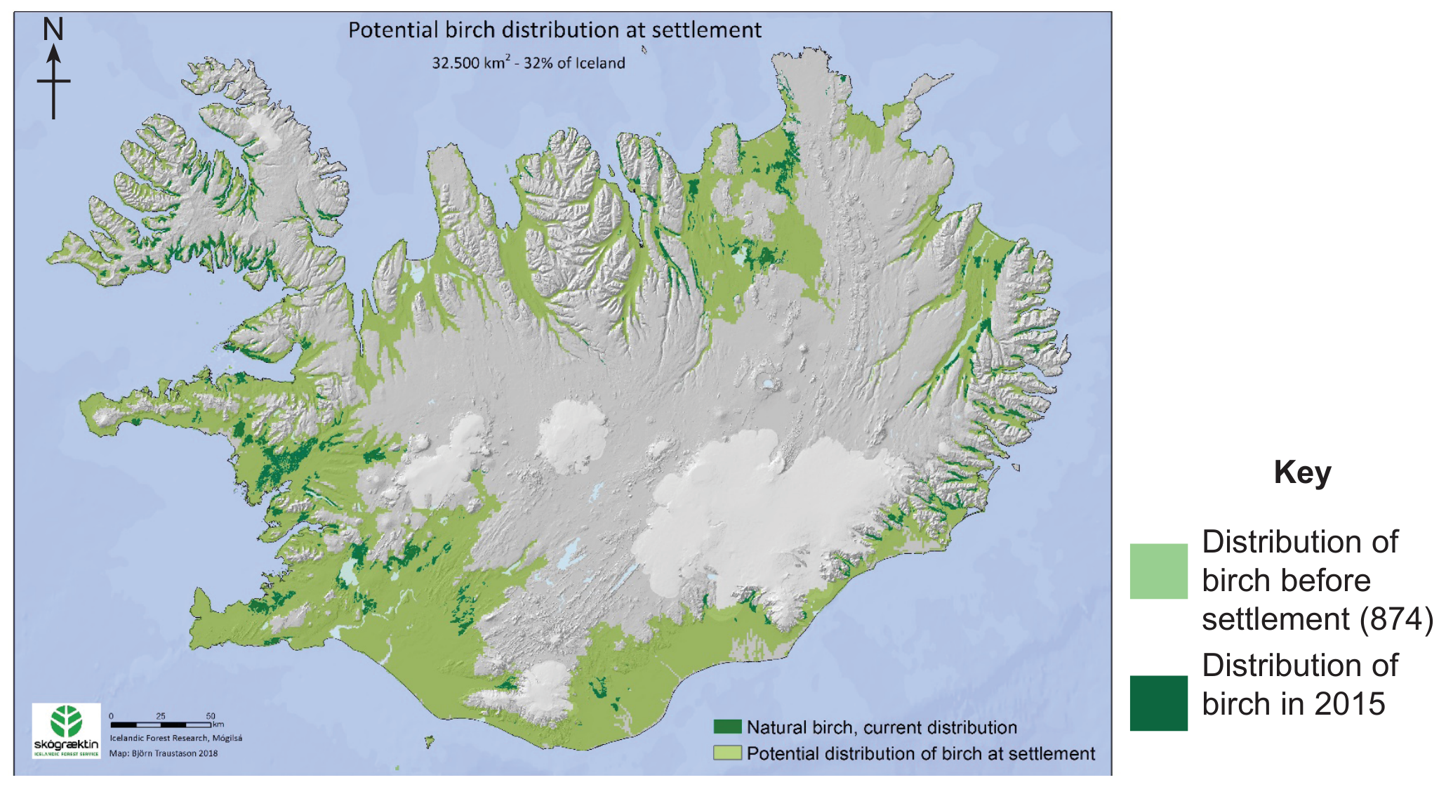 Figure 6(a): Distribution of birch forest in Iceland in 874 and 2015